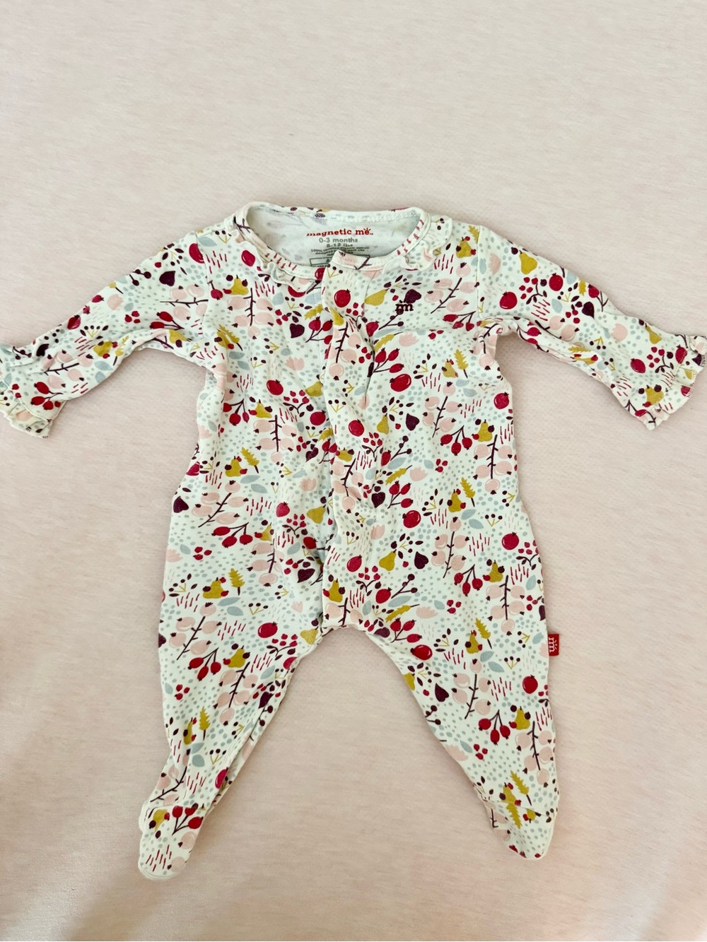 Magnetic Me Baby Girl Pajama Sleeper- Cotton White Floral Footed One-Piece- GUC